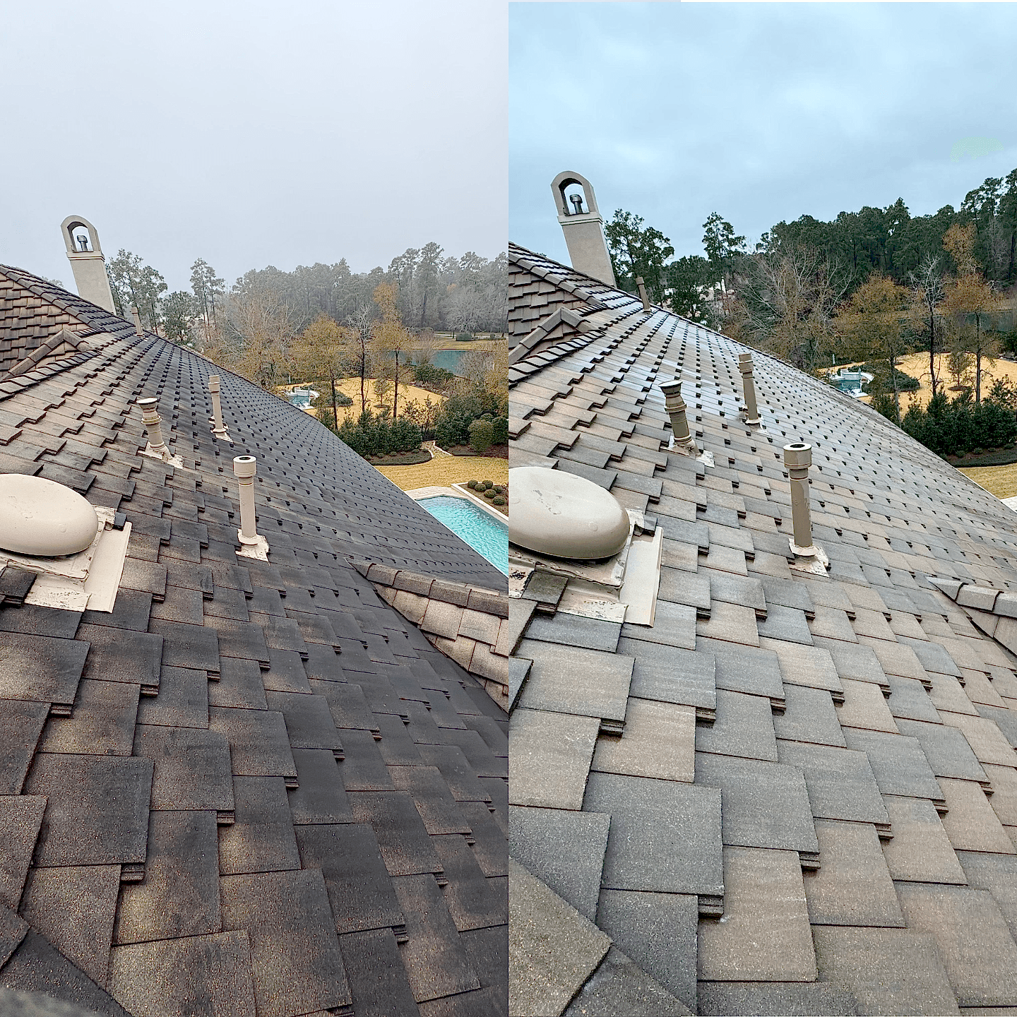 Before and after roof wash comparison showing a dirt-streaked roof restored to clean tile