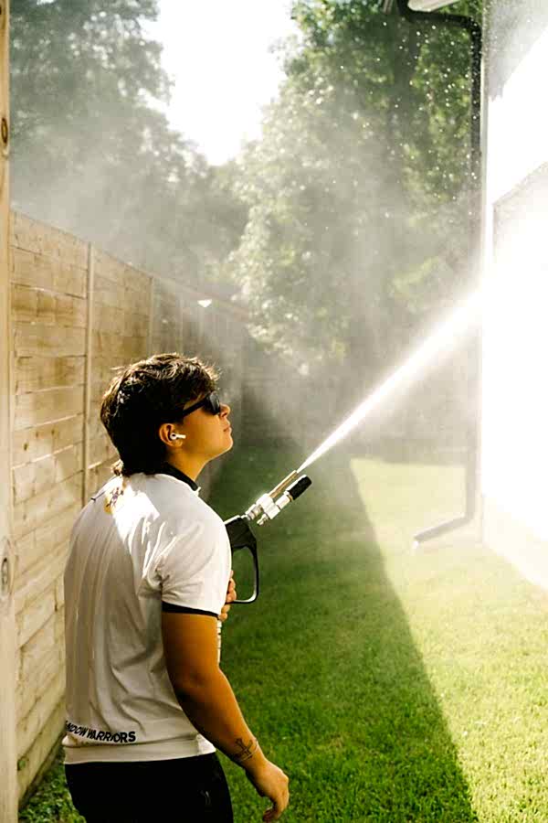 Soft washing service being applied to a home exterior in Houston, TX